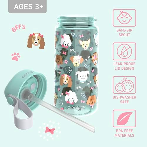 Bentgo Kids Water Bottle - Leak-Proof, Durable Tritan, BPA-Free 15 oz. Cup for Kids/Toddlers Ages 3+, Safe Sip Spout, Carrying Handle, & Dishwasher Safe for School, Sports, Daycare & Camp (Puppy Love)