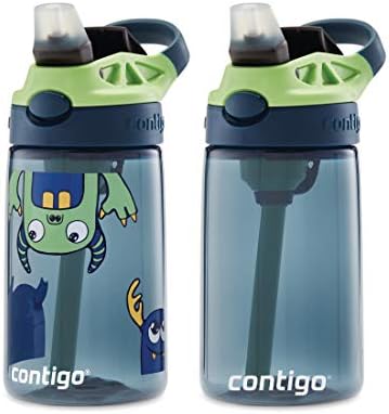 Contigo Aubrey Kids Water Bottle, Cleanable Silicone Straw, Spill-Proof Lid, Dishwasher Safe, 14oz 2-Pack, Blueberry & Monsters Theme