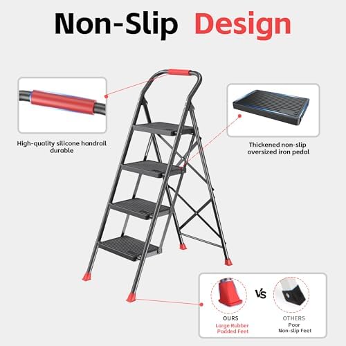 Step Ladder Foldable Folding Stool - for Home Adults Kitchen 4 Stepping Extension Tall Heavy Duty with Handrails - Closet Stepstool Stair Ladders Extendable Stepladder for Indoor House 600Lbs