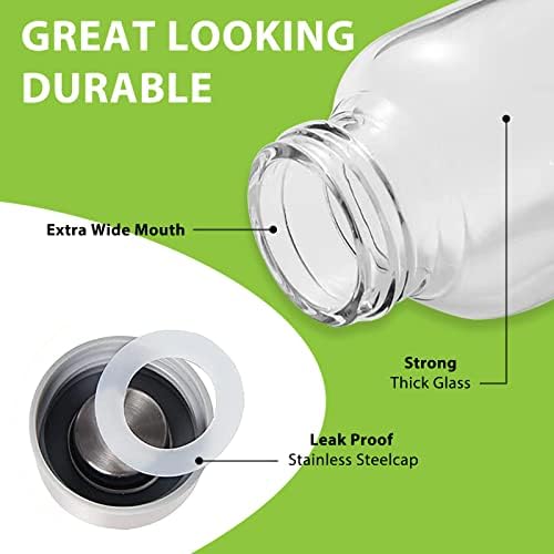 Sursip 24oz Glass Water Bottle Set of 6, Leak Proof Clear glass juice bottle for juicing, Reusable Drinking Bottles with Stainless Steel Lid, Beverage Storage Containers for Refrigerator-BPA Free