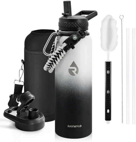 Insulated Water Bottle 40 oz, Triple Wall Vacuum Stainless Steel (Cold for 48 Hrs), Leak Proof & Non-BPA, Modern Water Flask Jug with Paracord Handle & Straw Spout Lids, Ombre: White/Black