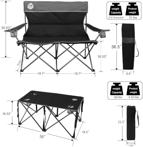 Folding Camping Chair Set of 4, Portable Collapsible Conversation Set w/1 Sofa, 2 Single Chairs, 1 Table for Family Patio, Outdoor Travel,Beach(Black)
