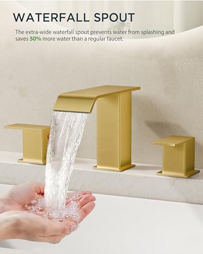 FORIOUS Brushed Gold Bathroom Sink Faucets 3 Hole Widespread, 2 Handles Bathroom Faucet with Pop-up Drain and Flexible Hot and Cold Water Hoses, Suitable for Vanity RV Restroom