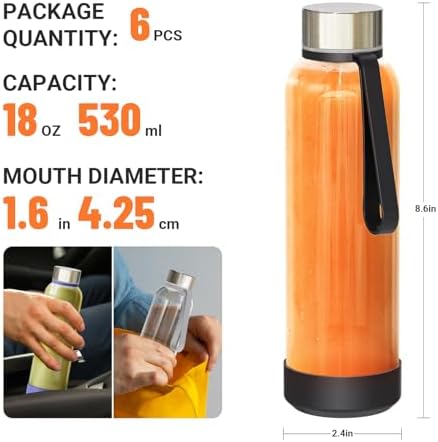 Sursip 18 oz Glass Water Bottles with Lids, Juice Bottles, Clear glass juice bottle for juicing, Eco-Friendly Reusable Glass Juicing Bottles with Stainless Steel Lid, BPA Free,Leak-Proof, Set of 6