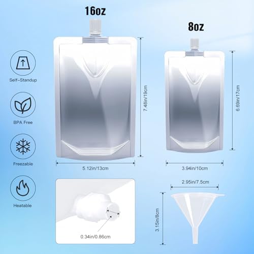 8&16OZ 8PCS Drink Bags, Reusable Spouted Pouches with Funnel for Drinking Liquid Beverage Juice,Stand Up Plastic Flasks for Travel Camping Outdoor Sport Concert Event,Leak-Proof Food Grade