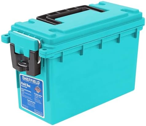 Sheffield 12633 Ammo Storage Box, Stackable .30 Cal Field Boxes, Water and Dust Resistant, Lockable Storage Box with Handle, Secures Hunting Gear, Supplies, and Bullets, Made in USA, Teal, 1-Pack