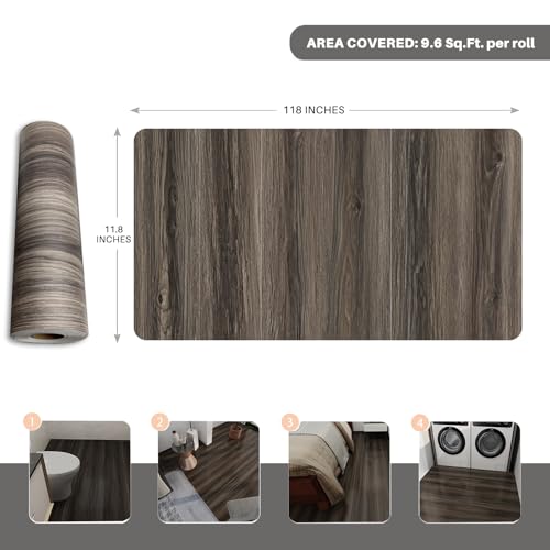 Wood Grain Peel and Stick Floor Tiles – 11.8” Width, Full Roll Length of 118" – Versatile Design for Any Space, Self Adhesive Vinyl Flooring, Waterproof and Non-Slip Features