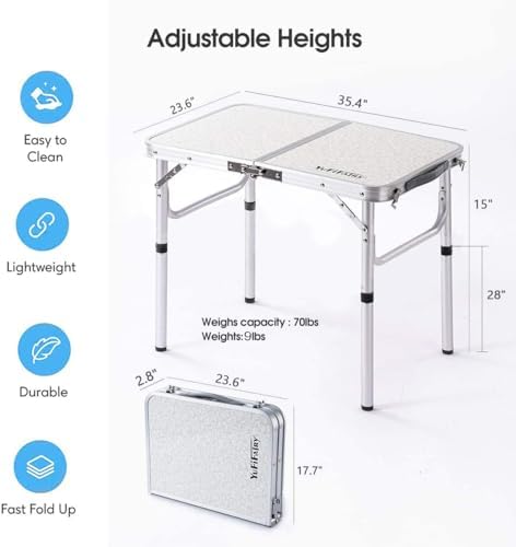 Folding Camping Table, 36''L x24''W Camp Aluminum Table with Adjustable Height Legs, Indoor Outdoor Lightweight Portable Folding Dining Table for Camp Picnic Beach BBQ Cooking 3Ft(2 Heights 15"/28")