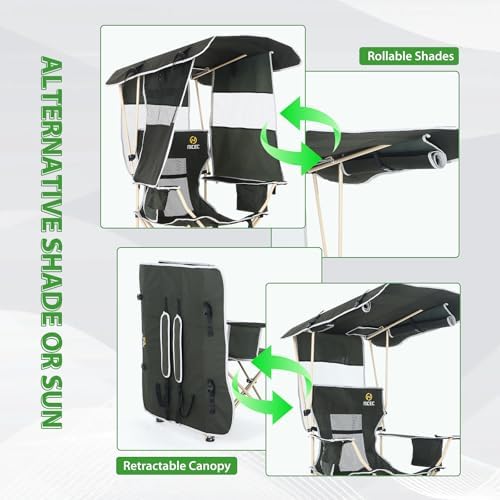 Nice C 2-P Green Camping Chair with Canopy, Shades, Removable Footrest, Cooler Bag, Cup Holder, Foldable, Portable, Outdoor, 400 lbs Capacity