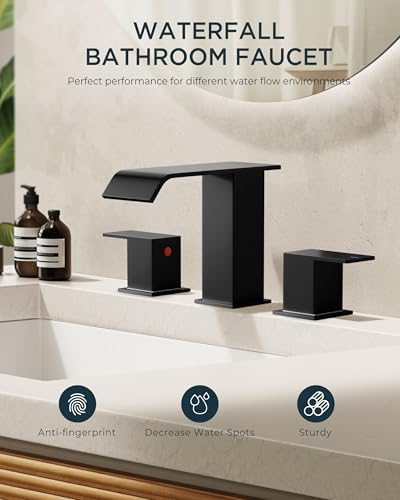 FORIOUS Matte Black Waterfall Bathroom Faucets 3 Hole, 8 Inch Widespread 2 Handles Bathroom Sink Faucet with Pop-up Drain and Flexible Hot and Cold Water Hoses, Suitable for Vanity RV Restroom