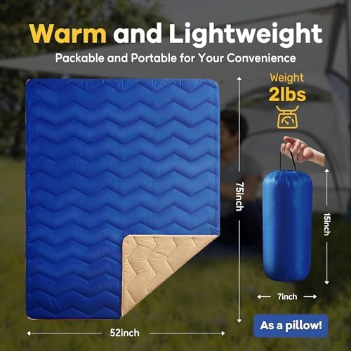 UNIKOME Outdoor Packable Travel Blanket, Lightweight Waterproof Puffy Down Alternative Camping Blanket With Corner Loops, 75'x52', Blue
