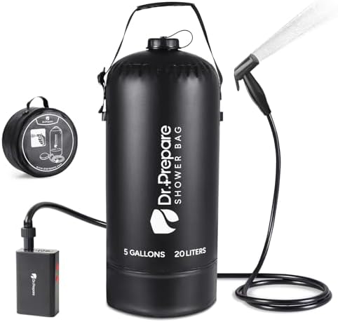 DR.PREPARE Camping Shower, 4 Gallons/5 Gallons Portable Shower with Rechargeable Electric Pump, Outdoor Shower Bag for Camping, Hiking, Traveling, Beach