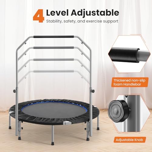 Sweetcrispy 40" in/48 in Mini Fitness Trampoline - 330LBS Foldable Exercise Rebounder with Adjustable Handle, Stable and Quiet, for Adults Indoor/Outdoor Workout