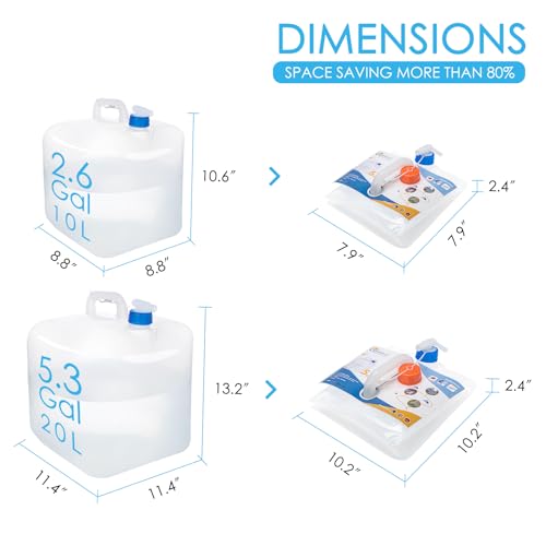 Collapsible Water Container Jug with Spigot, 2 Packs 5.3 Gallon BPA Free Camping Water Storage Carrier for Outdoor Hiking Backpacking & Emergency Survival Kit, Foldable Portable Canteen