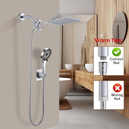 Shower Head,10”Rain Shower Head with Handheld Spray Combo and Adjustable Extension Arm/3-Way Flow Regulator/Shower System,High Pressure Rain Fall Hose,Chrome