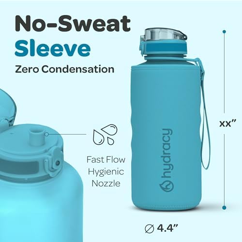 Hydracy Water Bottle with Time Marker -Large BPA Free Water Bottle & No Sweat Sleeve -Leak Proof Gym Bottle with Fruit Infuser Strainer & Times to Drink -Ideal for Fitness Sports & Outdoors