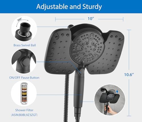 Black Shower Heads with Handheld Spray Combo 2.5GPM: 10” Rainfall Shower Head & Detachable Shower Head, 10 Spray Settings Handheld Shower Head with ON/OFF Switch and 15-Stage Filter