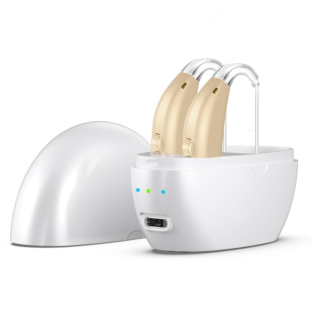Hearing Aids for Seniors,Rechargeable Hearing Amplifier with Noise Cancelling,Adjustable Volume Control,One Pair Hearing Assist Devices with Charging Box(White)