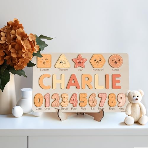Personalized Wooden Name Puzzle with Numbers and Shapes, Custom Gift for Baby, 1st, Newborn Gift, Baby Shower, 1st Birthday, Educational Toys for Toddlers, Preschool Puzzle for Kids