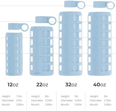 purifyou 40/32/22/12 oz Borosilicate Glass Water Bottles with Volume Markers, Silicone Sleeve, Stainless Steel Lid, Reusable Bottle for Water, Juice, Gym, and Fridge Storage (22oz Ice Blue)