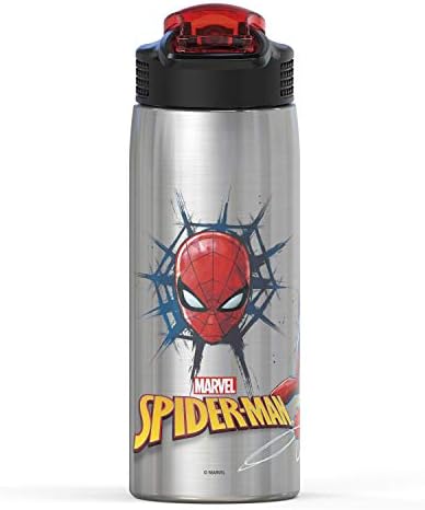 Zak Designs 27oz Marvel 18/8 Single Wall Stainless Steel Water Bottle with Flip-up Straw and Locking Spout Cover, Durable Cup for Sports or Travel (27oz, Spider-Man)