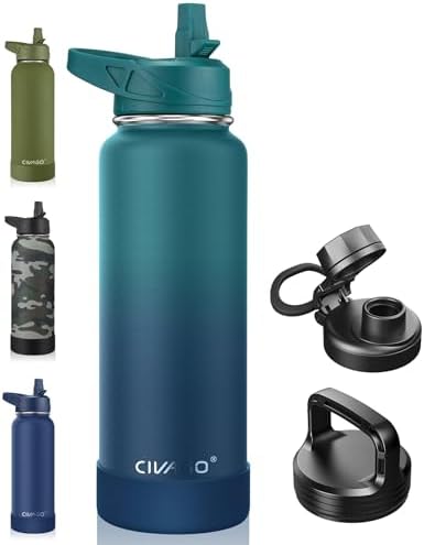 CIVAGO 40 oz Insulated Water Bottle With Straw, Stainless Steel Sports Water Cup Flask with 3 Lids (Straw, Spout and Handle Lid), Double Walled Travel Thermal Canteen Mug, Dark Night