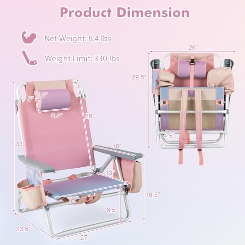 Giantex Folding Beach Chair, Patio Sling Chairs with 5 Adjustable Position, Head Pillow, Storage Bag, Towel Bar, Cup Holders, Backpack Chairs for Sunbathing, Camping Chair