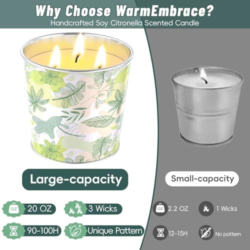 WarmEmbrace Citronella Candles Outdoor & Indoor, 40oz Large Citronella Candle 200H Burning Long Lasting, Soy Scented, 3-Wick Natural Soy Wax for Patio, Garden, Backyard, Camping, Cookout
