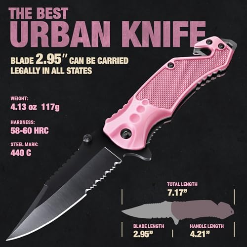 GOOD WORKER Legal Pink Pocket Knife for Women Self Defense - 2.95” Serrated Folding Blade Knives - Cute Girl Tool - Gifts Idea for Her - Perfect for Gilfriend Wife Woman - Gifts for Mother 6680 P