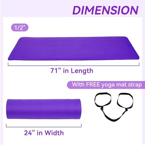 Yoga Mat, 1/2-Inch Extra Thick High Density Exercise Mat, Anti-Tear Exercise Yoga Mat with Carrying Strap, Suitable for Various Yoga Exercises
