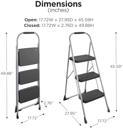 Cosco 11408PBL1E Three Step Big Step Folding Step Stool with Rubber Hand Grip, Grey