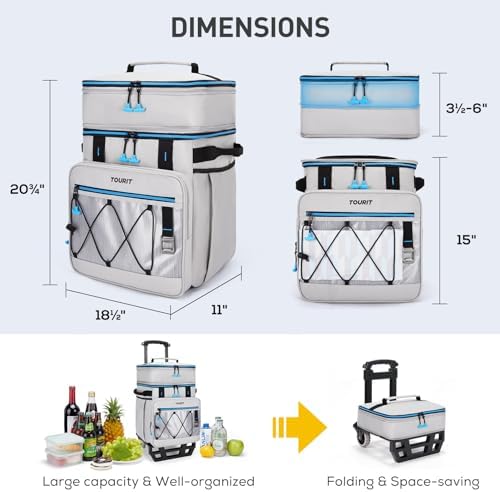 TOURIT 75 Can Rolling Cooler Detachable Double Deck Beach Cooler with Wheels Collapsible for Outdoor, Camping, Picnic, Travel