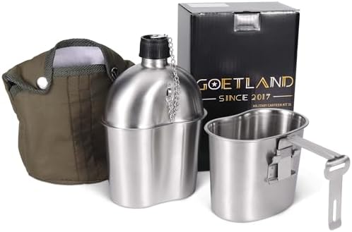 Goetland Stainless Steel WWII US Army Canteen Water Bottle Military Canteen Kit 1QT with 0.5QT Cup Nylon Pouch G.I.