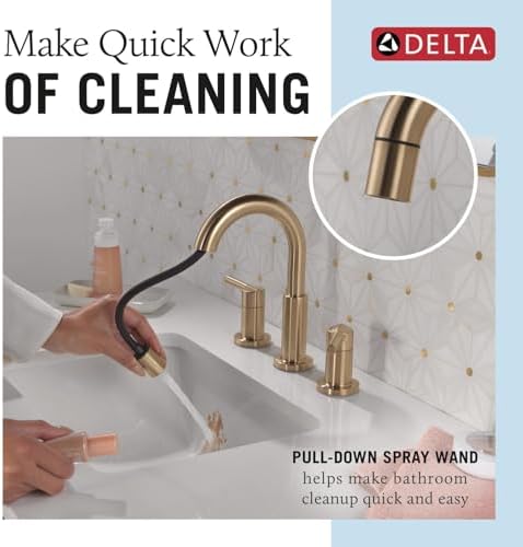 Delta Nicoli Brushed Gold Bathroom Faucet with Sprayer, 8 Inch 3 Hole Widespread Bathroom Sink Faucet with Pull Out Sprayer, Push-Pop Drain, Champagne Bronze 35749LF-CZPD