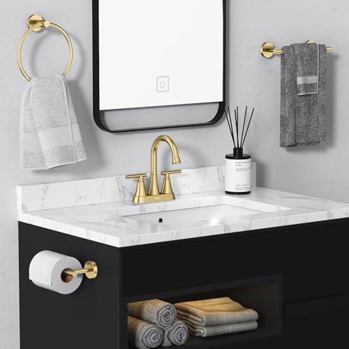 Bathroom Faucets for Sink 3 Hole, Hurran 4 inch Brushed Gold Bathroom Sink Faucet with Pop-up Drain and Supply Hoses, Stainless Steel Lead-Free Centerset Faucet for Vanity RV, 2 Pack