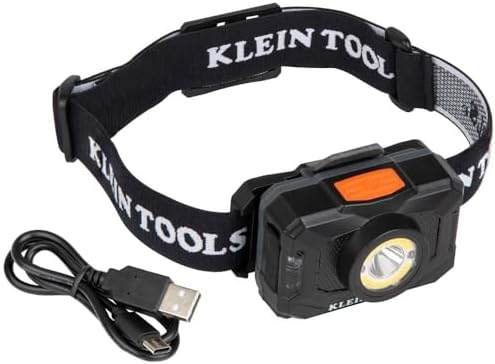 Klein Tools 56414 Rechargeable 2-Color LED Headlamp, Fabric Strap, Spotlight, Floodlight, Red LED, 800 Lumens, USB Cable, Camping, Running