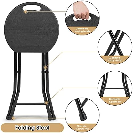 Folding Stool - 550lbs Capacity, Foldable Handle, Portable Heavy Duty, Outdoor/Indoor, 18 Inch Collapsible for Camping & Home (Set of 1, Black)