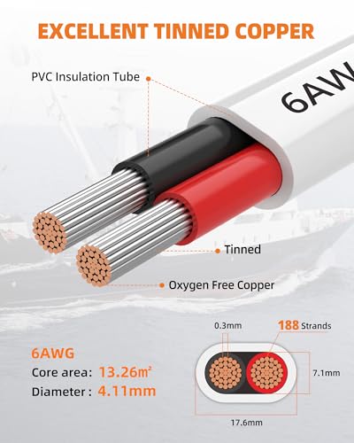 6 Gauge Marine Wire, 6/2 Duplex Marine Grade Cable, IP68 Waterproof/Oxygen-Free Tinned Copper Stranded PVC 6 AWG Wire for Boat, Automotive, RV, Solar, LED Strips (30FT/9M)