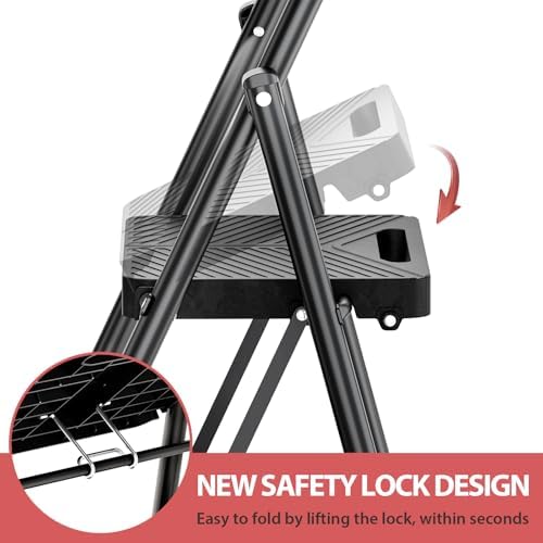 KINGRACK 2 Step Ladder, Folding Step Stool with Safe-Lock Design, 500 lbs Sturdy Steel Ladder with Wide Anti-Slip Pedal, Convenient Handrail for Household and Kitchen, Black