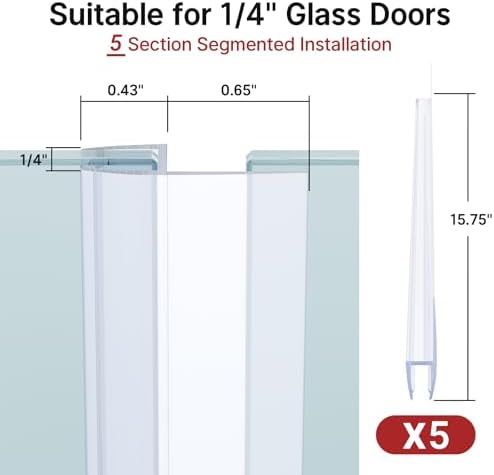 AmazerBath 5 PCS Shower Door Side Seal Strip -15.75 Inches x 5, 5 Sections Segmented Shower Installation Kit, Frameless Glass Door Seal Strip - Suitable for 1/4 Inch Glass