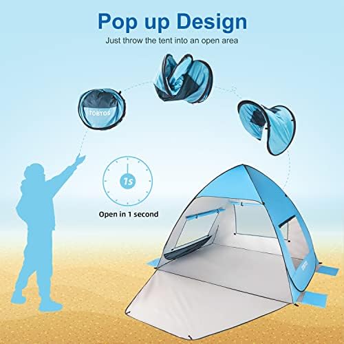 TOBTOS UPF 50+ Pop Up Beach Tent, Easy Set Up Beach Umbrella, Sun Shelter for 2-3 People UV Protection Portable Sunshade, Baby Canopy Cabana, Lightweight with Carry Bag