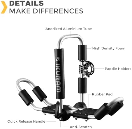 Kayak Roof Rack, Aluminum Kayak Carrier Folding J-Style Universal 4-in-1 Multifunction for Canoe, SUP, Kayaks, Surfboard Rooftop Mount on SUV, Car and Truck Crossbars