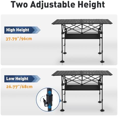 ALPHA CAMP Folding Camping Table, Portable Roll-up Outdoor Table with Adjustable Height, Large Storage Bag and Carrying Bag, Tall Aluminum Table for Indoor & Outdoor Picnic BBQ Backyards Beach