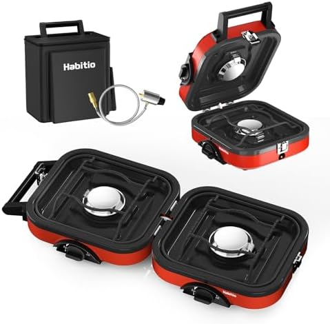 2-Burner Camping Stove Foldable, Portable Propane Camp Stove with 16000 BTU Adjustable Burners and Piezo Ignition, Folding Stove with Carry Bag & Handle for Camping, Tailgating, Backyard BBQ - Red