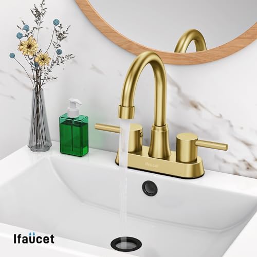 Gold Bthroom Faucet, Brushed Gold Bathroom Faucet, Gold Faucets for Bathroom Vanity, 4 Inch 2 Handle Centerset, Lead-Free, with Copper Pop Up Drain (Brushed Gold)