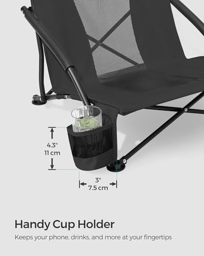 SONGMICS Set of 2 Portable Beach Chairs for Adults, Max. Load 330 lb Each, High Backrest, Cup Holder, Lightweight, Heavy-Duty, Black UGCB067B01V1