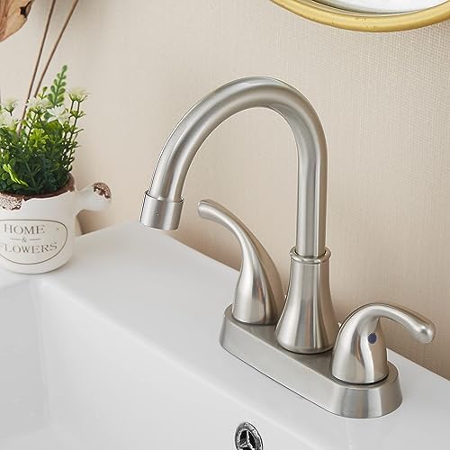 Bathroom Sink Faucet FRANSITON 4 Inch Faucet 2 Handle Bathroom Sink Faucets Lead-Free Brushed Nickel Bath Sink Faucets with Pop-up Drain Stopper and Supply Hoses
