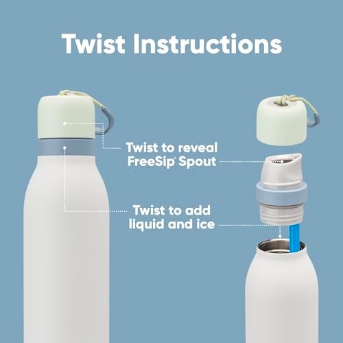FreeSip Twist Insulated Stainless Steel Water Bottle with Straw for Sports and Travel, BPA-Free, 24-oz, Green/White (Iced Breeze)