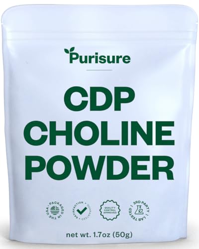 Purisure CDP Choline Powder, 50g, CDP Choline Supplements That Support Attention, Focus, and Energy, Citicoline Powder for Cognitive Function, Increases Motivation and Productivity, 200 Servings