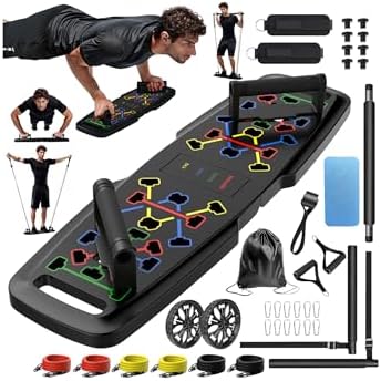 Push Up Board,Home Gym,Portable Exercise Equipment,Pilates Bar and 20 Fitness Accessories with Resistance Bands and Ab Roller Wheel,Full Body Workout at Home